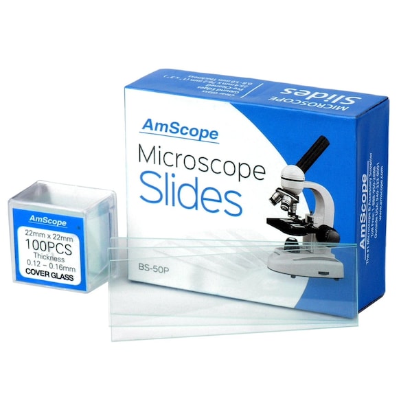 Amscope Pre-Cleaned Blank Microscope Slides and 100 22x22mm Square Cover Glass 200PK BS-50P-100S-22X4 - main