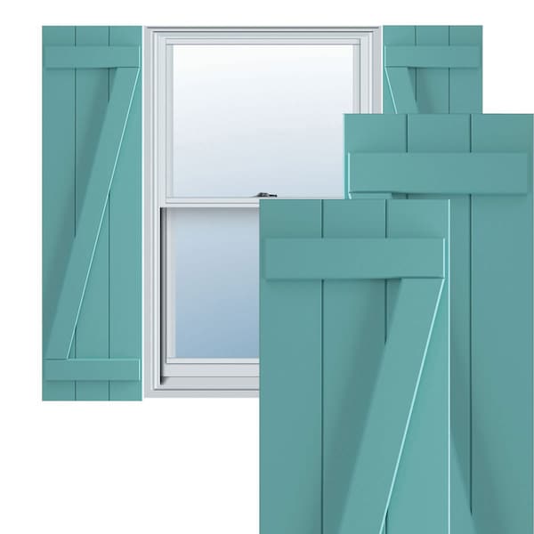 Ekena Millwork True Fit PVC, Three Board Joined Board-n-Batten Shutters w/Z-Bar, Pure Turquoise, 16 1/8W x 36H, PR TFP102BBF16X036PT - main