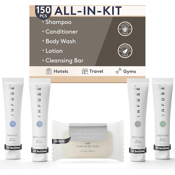 1Shopee Infuse Pure White Tea and Coconut All-In-Kit Hotel Soaps and Toiletries Bulk Set, 1oz Shampoo and BPCHOTELSETAL10INF30 - main