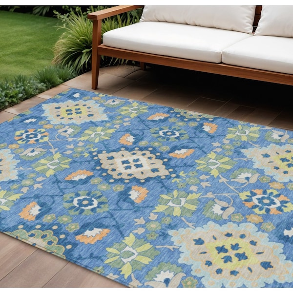 Homeroots 9' X 12' Blue Green And Orange Oriental Washable Indoor Outdoor Area Rug 597678 - main