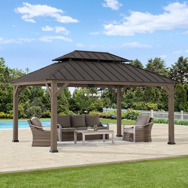 Sunjoy 12 ft. x 16 ft. Wood Gazebo, Outdoor Patio Steel Hardtop Gazebo, Cedar Framed Wooden Gazebo A1020326H0 - main