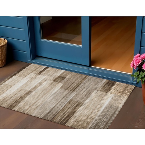 Homeroots 3' X 5' Brown And Ivory Striped Washable Indoor Outdoor Area Rug 630975 - main