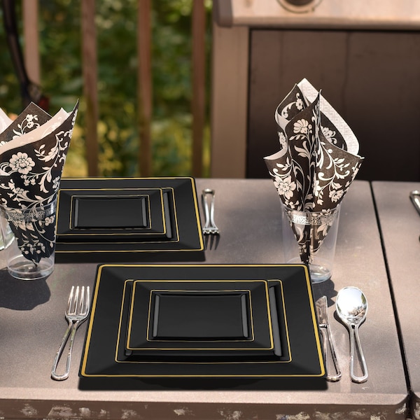 Smarty Had A Party 6.5" Black with Gold Square Edge Rim Plastic Appetizer/Salad Plates (120 Plates), 120PK 506G-CASE - main