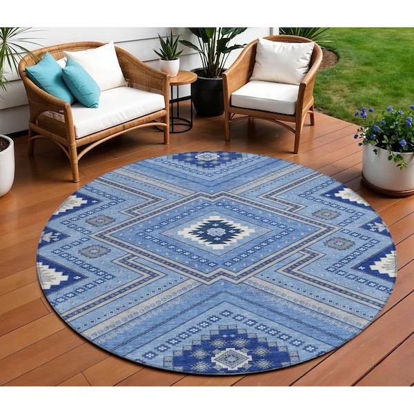 Homeroots 8' Blue Gray And Ivory Round Tribal Washable Indoor Outdoor Area Rug 598102 - main