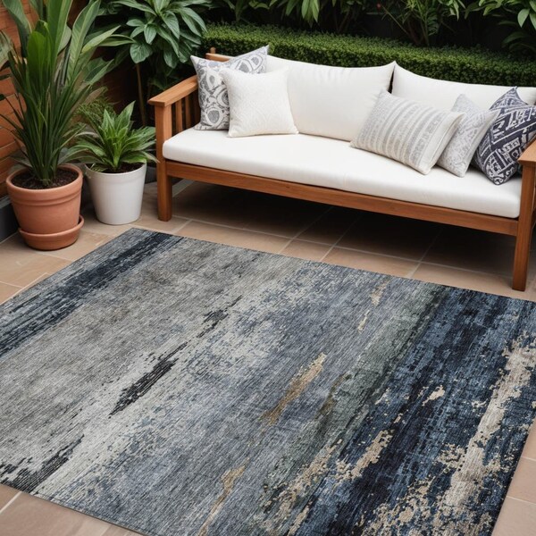 Homeroots 9' X 12' Navy Blue Gray And Black Abstract Washable Indoor Outdoor Area Rug 605965 - main
