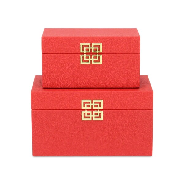 Homeroots Set of Two Red Solid Wood And Fabric Box With Lid, 2PK 489389 - main