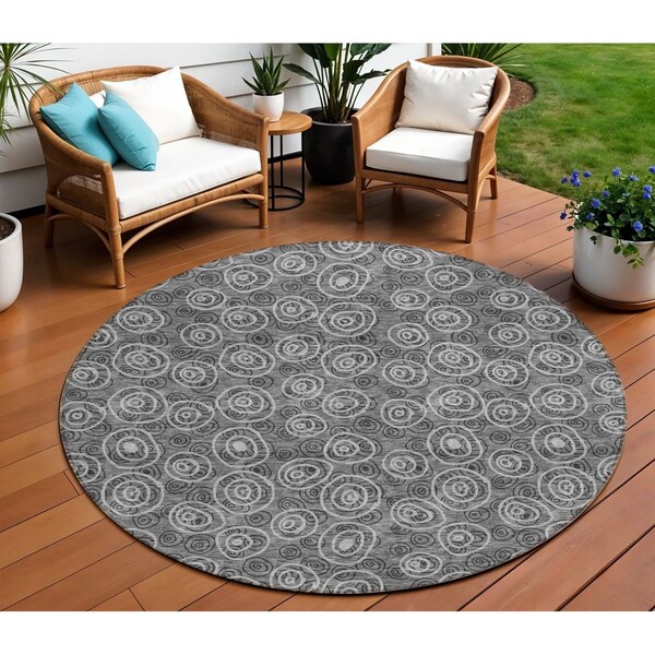 Homeroots 8' Gray Charcoal And Silver Round Geometric Washable Indoor Outdoor Area Rug 583356 - main