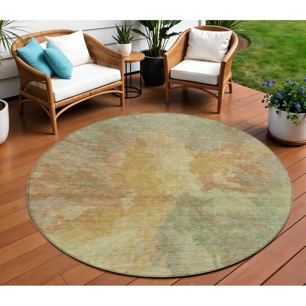 Homeroots 8' Artichoke Green And Gold Round Abstract Washable Indoor Outdoor Area Rug 615586 - main