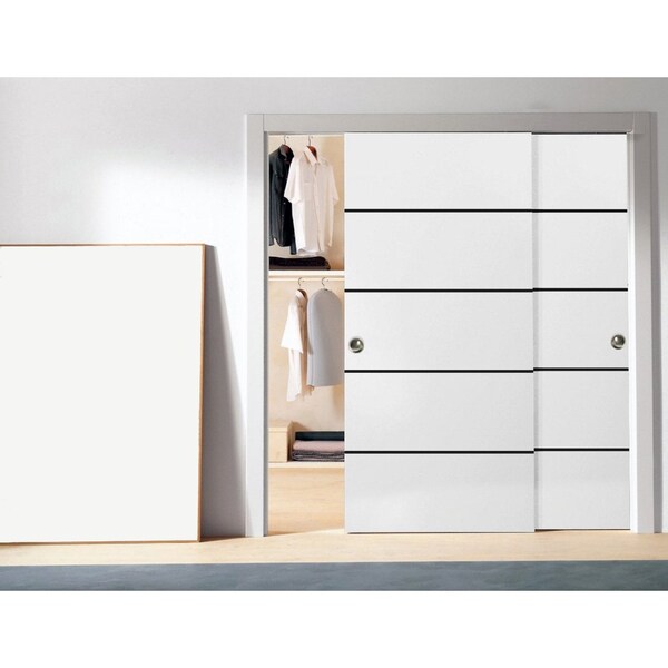 Sartodoors Sliding Closet Bypass Doors, Planum 0015 White Silk and Aluminum Strips, Sturdy Top Mount Rails Mol PLANUM0015DBD-WS-36 - main
