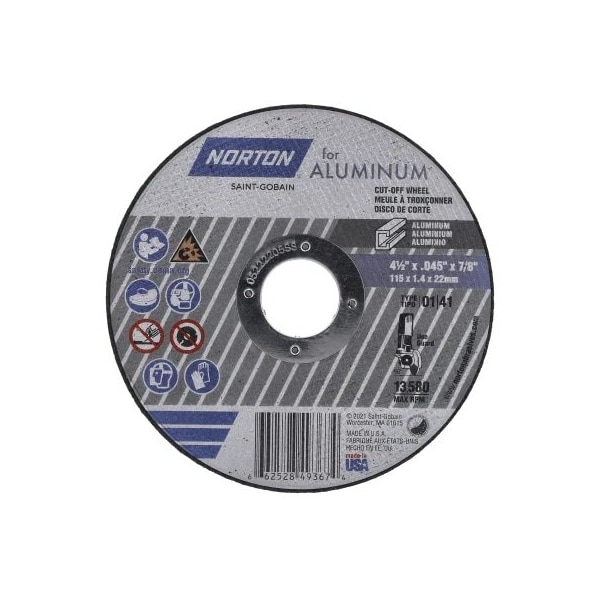 Norton Abrasives Cut-Off Wheel, Type 1, 4 1/2 in Dia, 0.045 in Thick, 7/8 in Arbor Hole Size, Aluminum Oxide 66252849367 - main