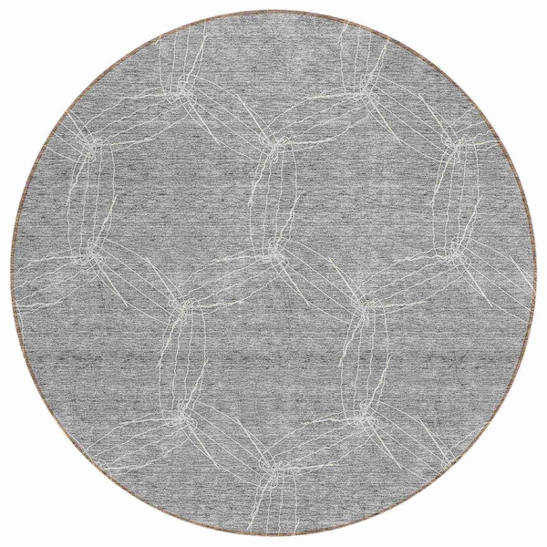 Homeroots 8' Gray And Ivory Round Geometric Washable Indoor Outdoor Area Rug 614073 - main
