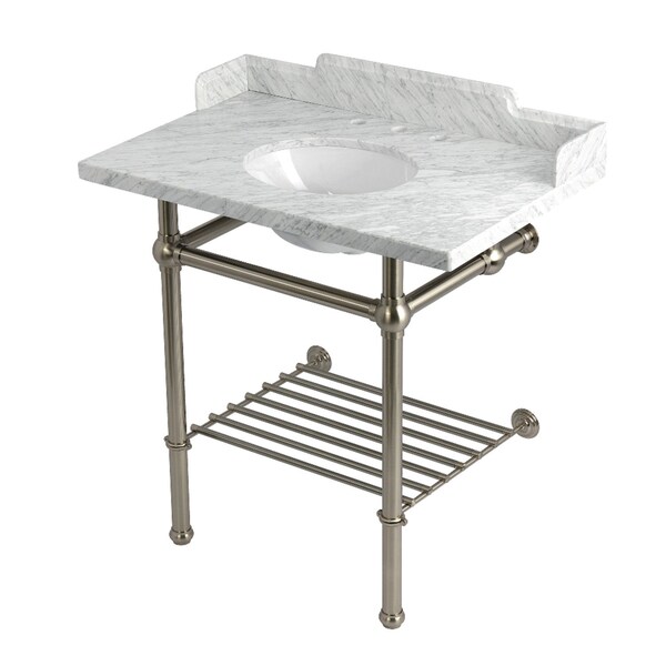 Kingston Brass 36-Inch Carrara Marble Console Sink with Brass Legs and Shelf, 8-Inch, 3-Hole LMS36MBB8 - main