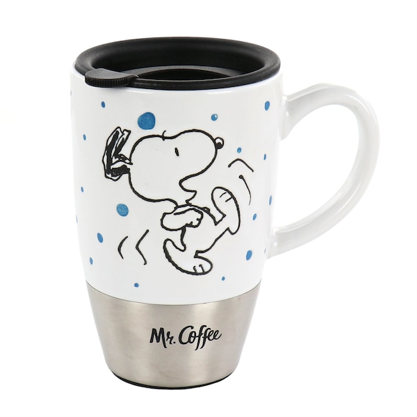 Mr. Coffee Snoopy Time 15 Ounce Ceramic Travel Mug in White and Stainless Steel With Lid 136639.01 - main