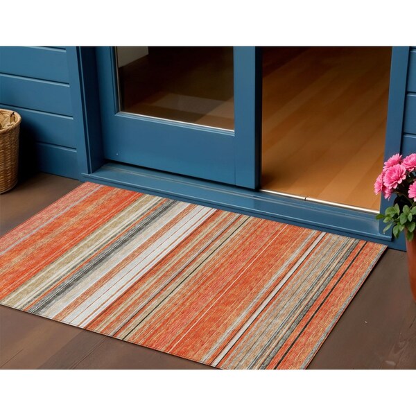 Homeroots 3' X 5' Coral Ivory And Gray Striped Washable Indoor Outdoor Area Rug 614803 - main