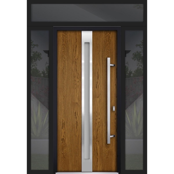 Vdomdoors Steel Door Deux 1744 Natural Oak 2 Sidelight and Transom Black Window Stainless Inserts Single Mode DEUX1744EXD-OAKB-W12+36+12xH80+16-LH-O - main