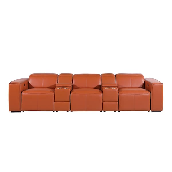 Homeroots 130" Camel Top Grain Leather Reclining Metal USB Sofa 720395 - main