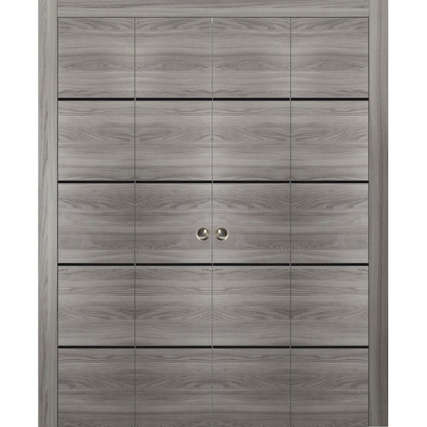 Sartodoors Sliding Closet Double Bi-fold Doors, Planum 0015 Ginger Ash and Aluminum Strips, Sturdy Tracks Mold PLANUM0015DBF-GA-96 x 84 (4* 24x84) - main