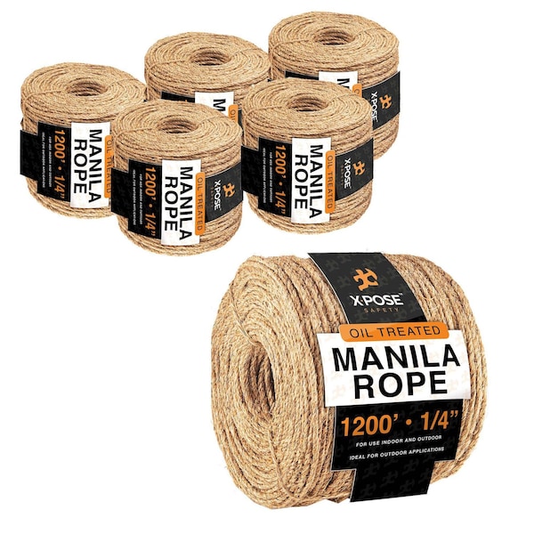 Xpose Safety Manila Rope, 1/4 Inch 1200ft 3-Strand Natural Fiber Cordage for Crafts & Outdoor Use, 6PK MR14-1200-6-X-S - main