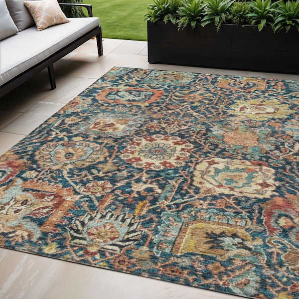 Homeroots 5' X 8' Navy Blue Terra Cotta And Beige Damask Washable Indoor Outdoor Area Rug 603744 - main