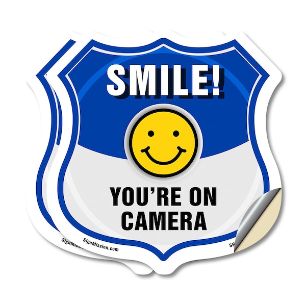 Signmission Smile You're On Camera Shield Sign Smile, 4 inch X 4 inch, Vinyl Decal, 2PK SHI-D-2PACK-4-463 - main