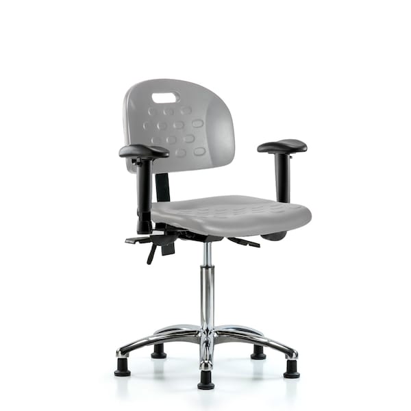 Blue Ridge Ergonomics Poly Chair Chrome - Medium Bench Height with Adjustable Arms & Stationary Glides in Gray Poly HPMBCH-CR-T0-A1-NF-RG-GRY - main