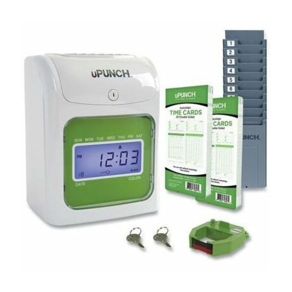 Acroprint uPunch Electronic Time Clock w/ 100 Time Cards, 2 Keys, 1 Ribbon & 1 Rack, White & Green HN1500 - main