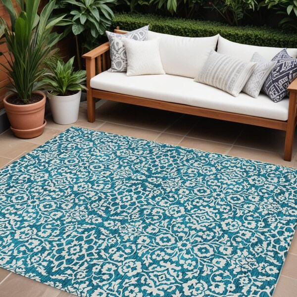 Homeroots 9' X 12' Teal Blue And Ivory Damask Washable Indoor Outdoor Area Rug 595197 - main