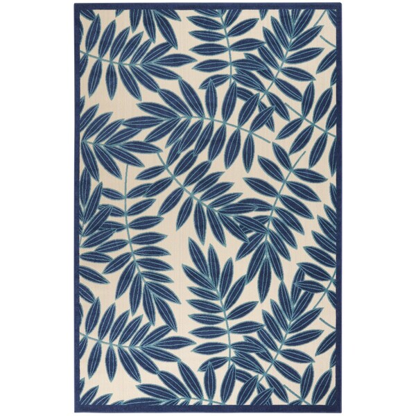 Homeroots 6' X 9' Navy Blue And Beige Botanical Leaves Indoor Outdoor Area Rug 546679 - main