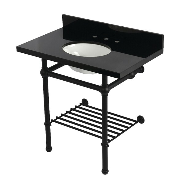 Kingston Brass 36" Black Granite Console Sink with Brass Legs and Shelf, 8-Inch, 3-Hole, Black Granite/Matte Black KVPK36KBB0 - main