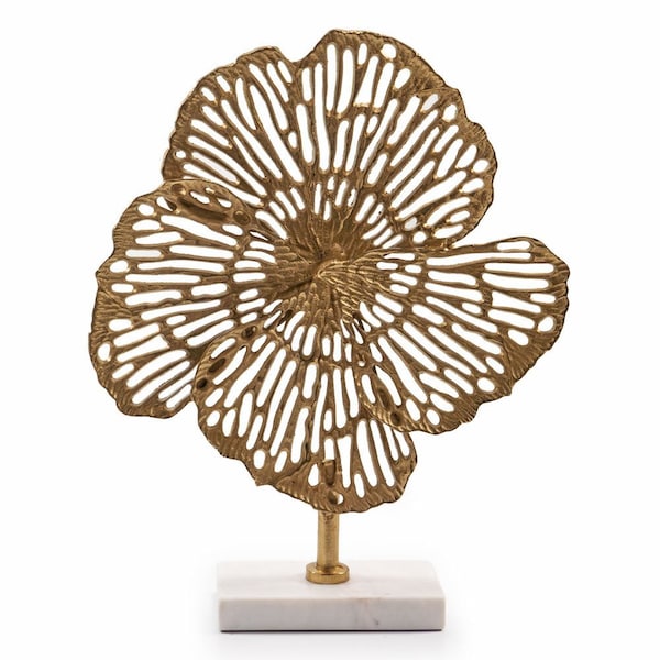 Homeroots 18" Antiqued Gold And White Aluminum And Marble Flowers Abstract Tabletop Sculpture 628148 - main