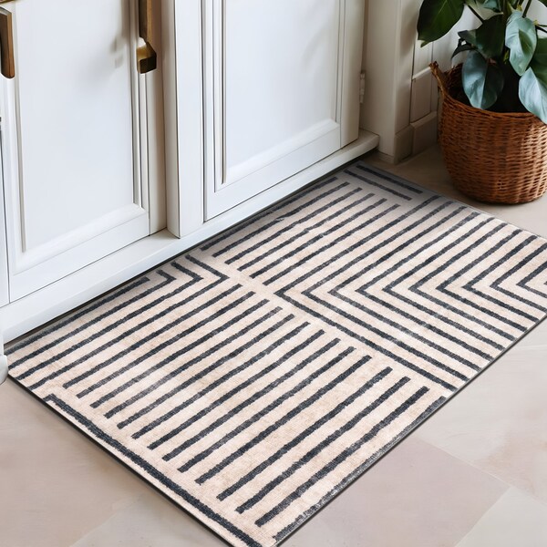 World Rug Gallery Distressed Bohemian Stripes Washable Non Slip Area Rug 2 ft x 3 ft Beige WR76BEIGE2X3 - main