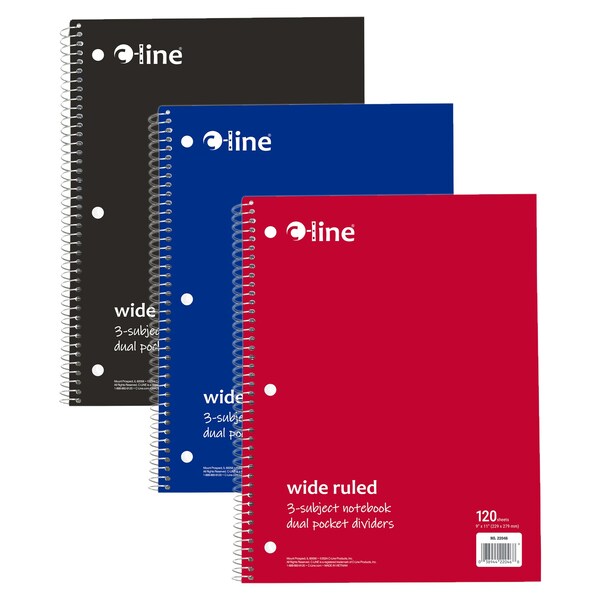 C-Line Products Notebook, 3-Subject, Wide Ruled, 120 Sheets, Assorted Colors, 3PK 22046 - main