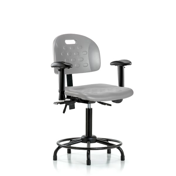 Blue Ridge Ergonomics Poly Chair with Round Tube Base-Med Bench Height with Seat Tilt, Adj Arms, &Stat Glides in Gray Poly HPMBCH-RT-T1-A1-RG-GRY - main