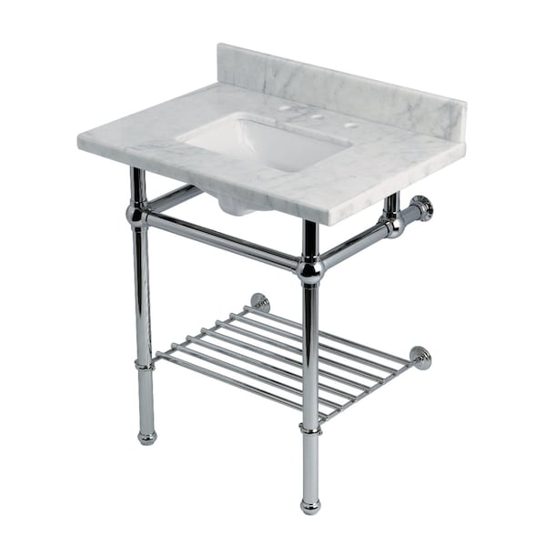 Kingston Brass 30-Inch Carrara Marble Console Sink with Brass Legs and Shelf, 8-Inch, 3-Hole KVPB30MBSQB1 - main