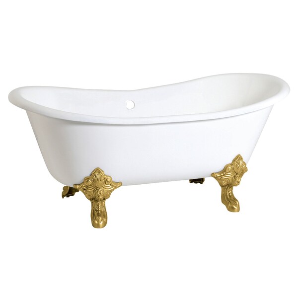 Kingston Brass 67" Cast Iron Oval Double Slipper Clawfoot Tub, No Faucet Drillings, White/Brushed Brass VCTNDS6731NL7 - main