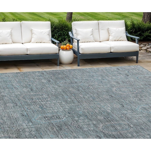 Homeroots 8' X 10' Teal Blue And Gray Southwestern Washable Indoor Outdoor Area Rug 587089 - main