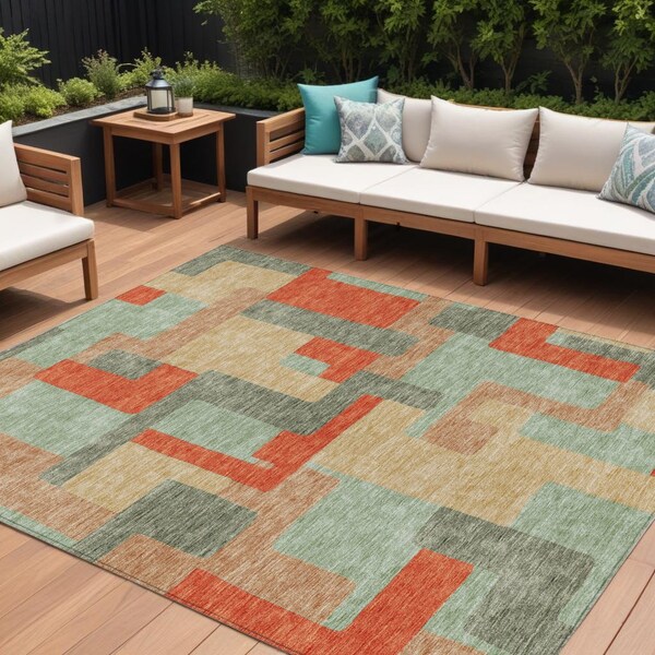 Homeroots 8' X 10' Sage Gray And Orange Geometric Washable Indoor Outdoor Area Rug 613232 - main