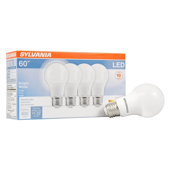 Ledvance/ Sylvania LEDA19, 8.5W 80CRI, 800 Lumen, 3500K, 11000 life LED8.5A19F83510YVRP4 24/CS 4/SKU - main