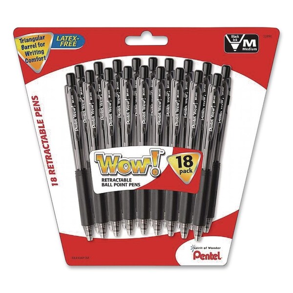 Pentel WOW! Ballpoint Pen, Retractable, Medium 1 mm, Black Ink, Smoke/Black Barrel, 18PK BK440BP18A-R2 - main