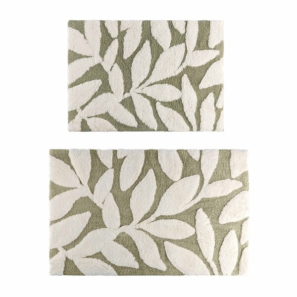 Lavish Home 2PC Bathroom Rug Set 100% Cotton Bath Mats w/ Textured Botanical Leaf Print for Boho Bathroom Decor ST-BATH5-BS - main