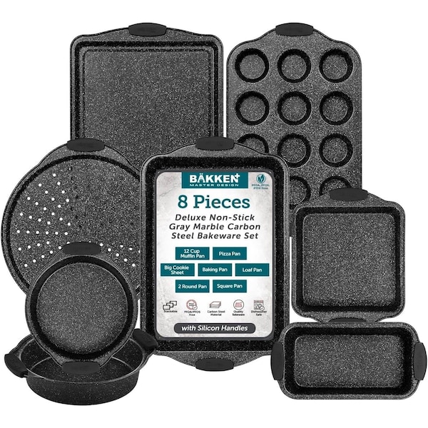 Bakken-Swiss BAKKEN 8Pc Nonstick Bakeware Set, Gray Marble, Carbon Steel, Silicone Handles, Oven and Freezer Safe BKBSGRYMAR88 - main