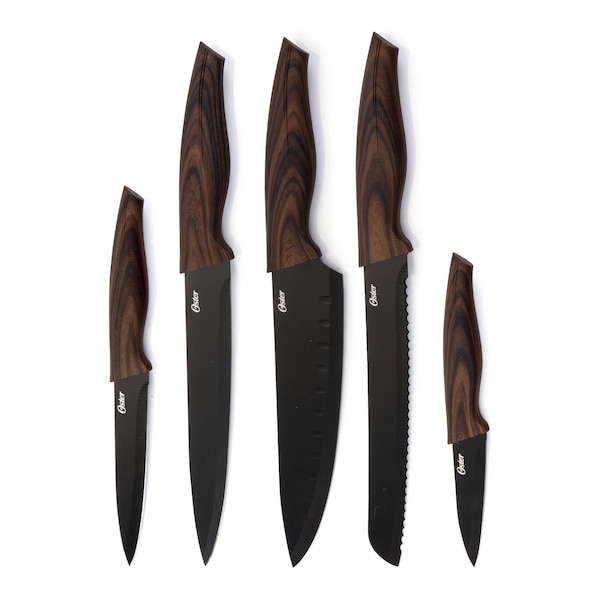 Oster Godfrey 5 Piece Stainless Steel Black Cutlery Set with Wood Print Handles 123804.05 - main