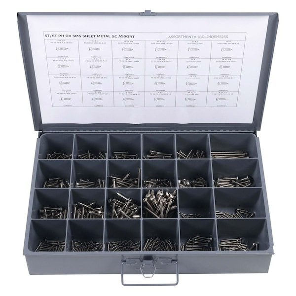 Zoro Select Sheet Metal Screw Assortment, #6 to #14 x Plain Finish, Stainless Steel, Oval Washer Head JBDL24OSMS25S - main
