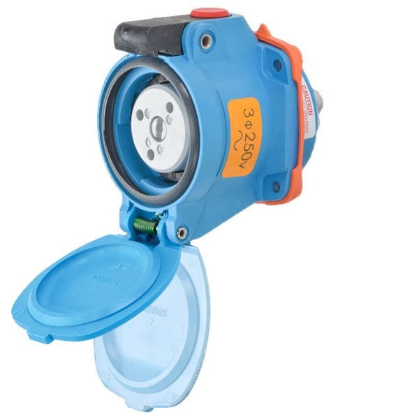 Meltric DSN20 RECEPTACLE POLY BLUE SIZE 1 TYPE 4X IP 69 3P+G 20 A 250 VAC 60 Hz NO AUX PADLOCK PAWL 63-14073-843 - main