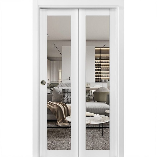 Sartodoors Sliding Closet Bi-fold Doors, Lucia 2666 White Silk with Clear Glass and Aluminum Strips, Sturdy T LUCIA2666BF-WS-64 x 80 (2* 32x80) - main