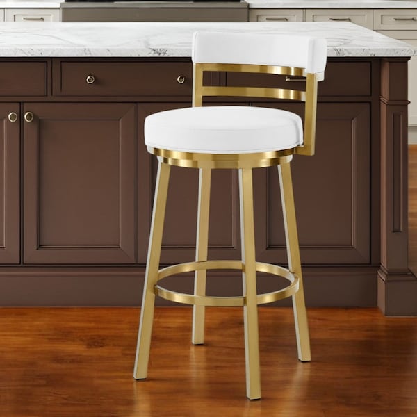 Homeroots 26" White and Gold Faux Leather and Stainless Steel Low Back Counter Height Swivel Bar Chair 569168 - main