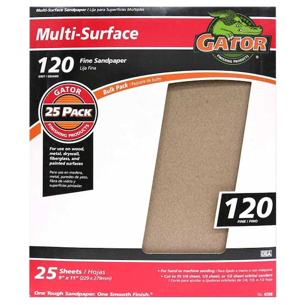 Gator Finishing 9 x 11 in. Multi-Surface Sandpaper, 120 Grit, Fine, 25PK 4208 - main