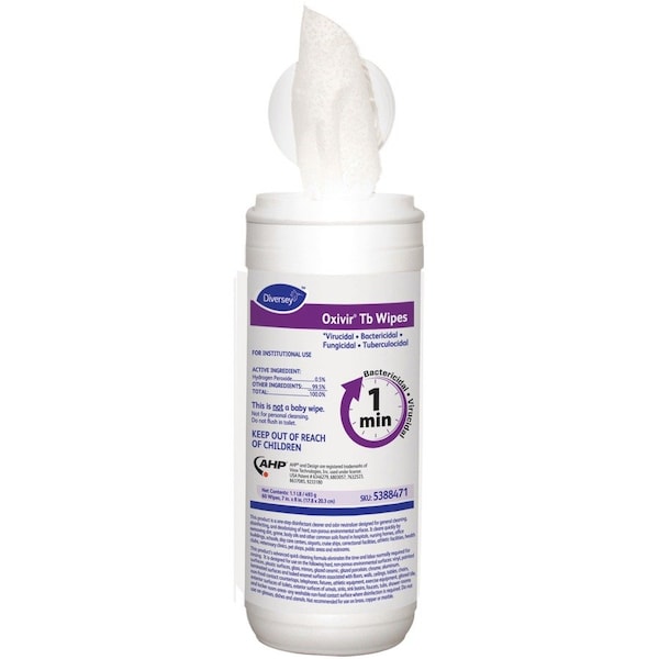 Diversey Disinfectant Cleaner Wipes, 7" W x 8" L Canister, White, 60 PK DVO5388471 - main