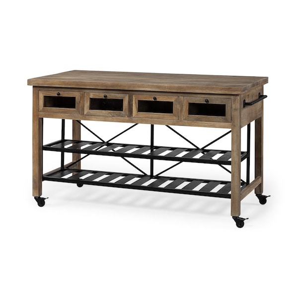 Homeroots Brown Solid Wood Top Kitchen Island With Two Tier Black Metal Rolling 380617 - main