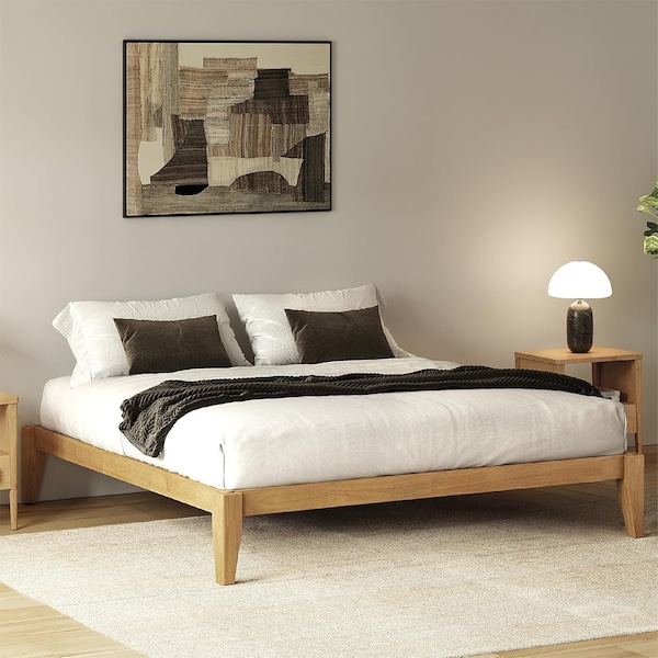 Allforwood Queen Wood Bed Frame, Solid Wood Platform Bed, Light Oak Finish 805671 - main